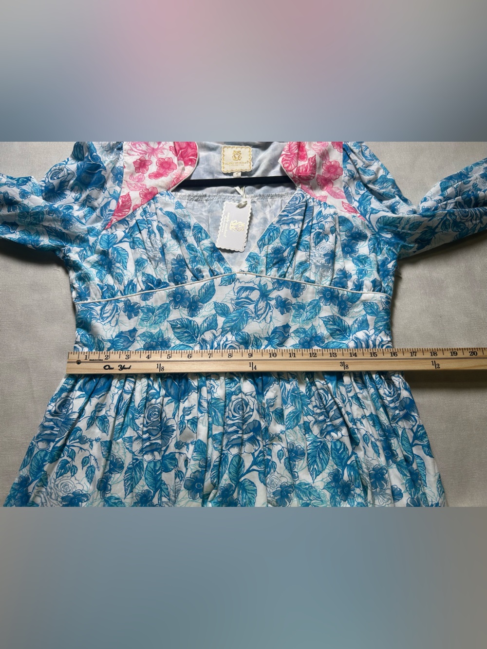 Simply Southern Blue Pink Floral Toile Ruffle Dress S Coastal old money #629 - Picture 11 of 12